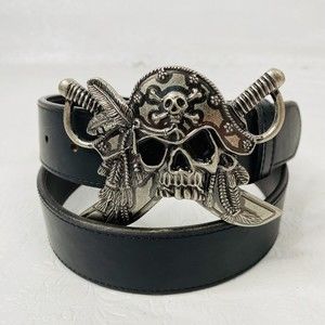 Truth Belts Men's Sz M Black Vegan Leather Belt Pirate Skull Buckle
